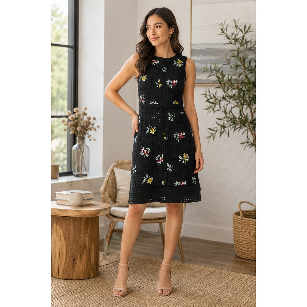 Ann Taylor Sheath Dress Womens Size 2 Black Eyelet Floral Embroidered Sleeveless